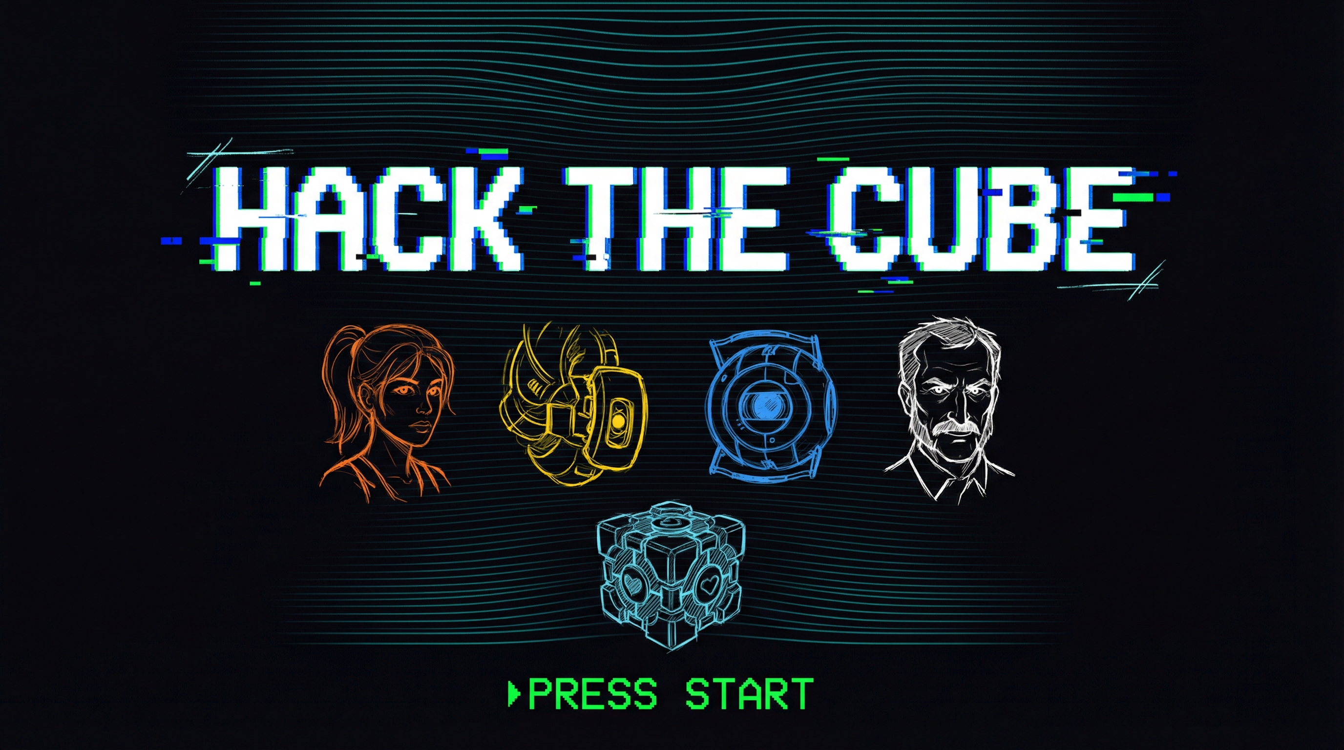 Hack the Cube - Portal characters around a hacked Companion Cube